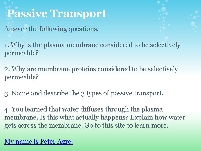 Passive Transport Answer the following questions. 1. Why is the plasma membrane considered to Passive Transport Answer the following questions. 1. Why is the plasma membrane considered to