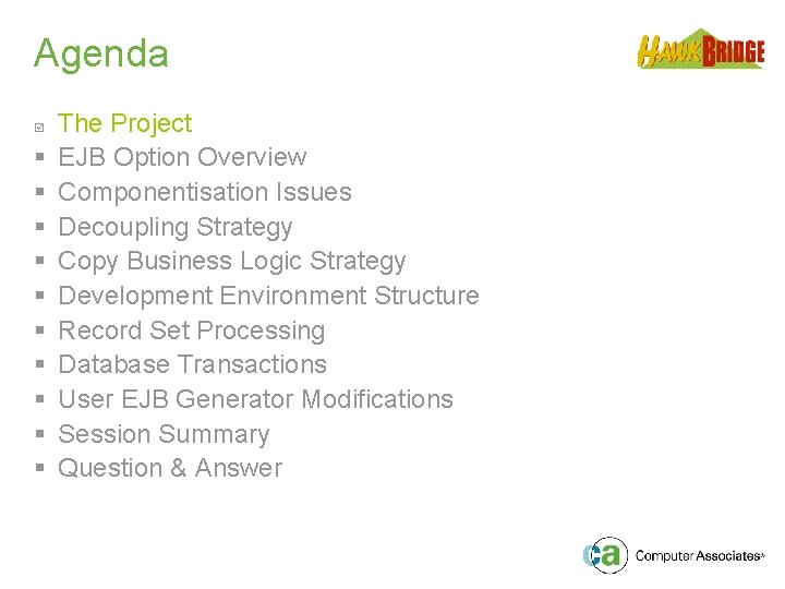 Agenda þ § § § § § The Project EJB Option Overview Componentisation Issues