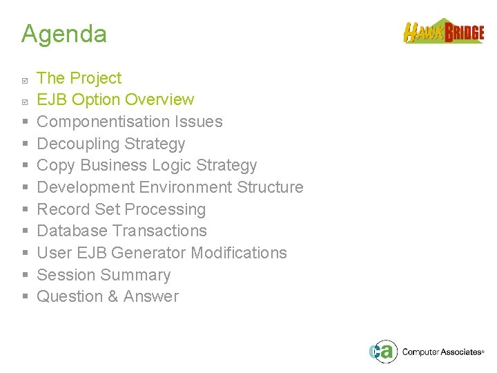 Agenda þ þ § § § § § The Project EJB Option Overview Componentisation