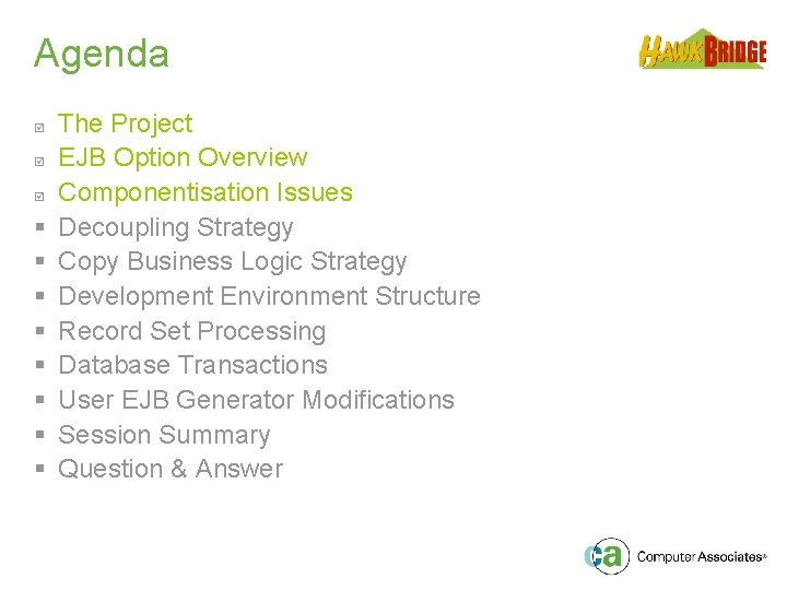 Agenda þ þ þ § § § § The Project EJB Option Overview Componentisation