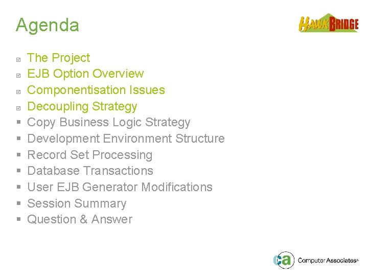 Agenda þ þ § § § § The Project EJB Option Overview Componentisation Issues