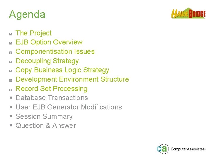 Agenda þ þ þ þ § § The Project EJB Option Overview Componentisation Issues