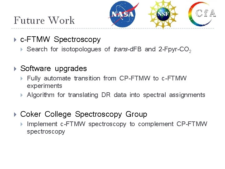 Future Work c-FTMW Spectroscopy Software upgrades Search for isotopologues of trans-d. FB and 2