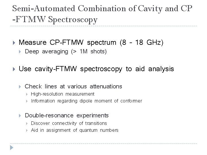 Semi-Automated Combination of Cavity and CP -FTMW Spectroscopy Measure CP-FTMW spectrum (8 – 18