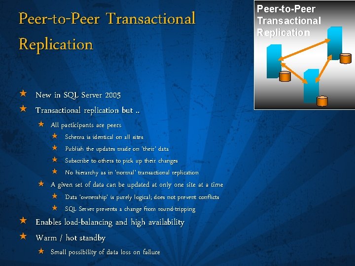 Peer-to-Peer Transactional Replication « New in SQL Server 2005 « Transactional replication but. .