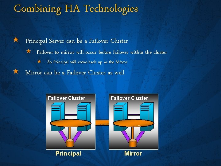 Combining HA Technologies « Principal Server can be a Failover Cluster « Failover to