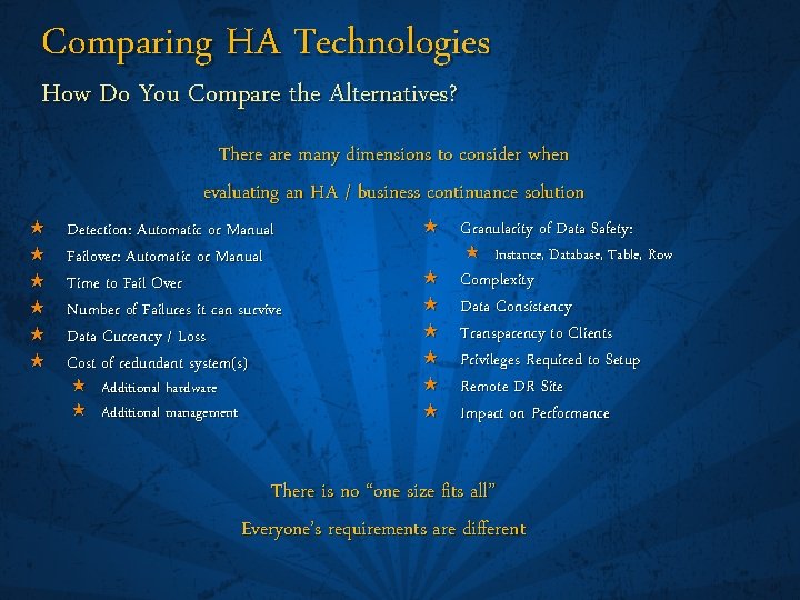 Comparing HA Technologies How Do You Compare the Alternatives? « « « There are