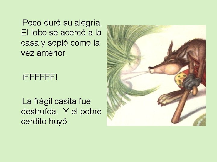Poco duró su alegría, El lobo se acercó a la casa y sopló como