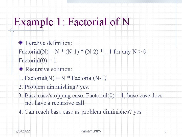 Example 1: Factorial of N Iterative definition: Factorial(N) = N * (N-1) * (N-2) Example 1: Factorial of N Iterative definition: Factorial(N) = N * (N-1) * (N-2)