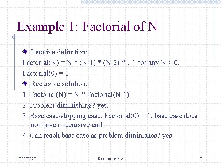 Example 1: Factorial of N Iterative definition: Factorial(N) = N * (N-1) * (N-2)