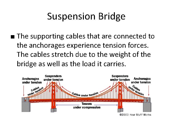 Suspension Bridge ■ The supporting cables that are connected to the anchorages experience tension