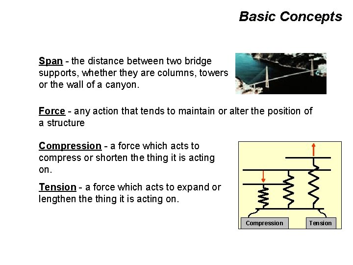 Basic Concepts Span - the distance between two bridge supports, whether they are columns,