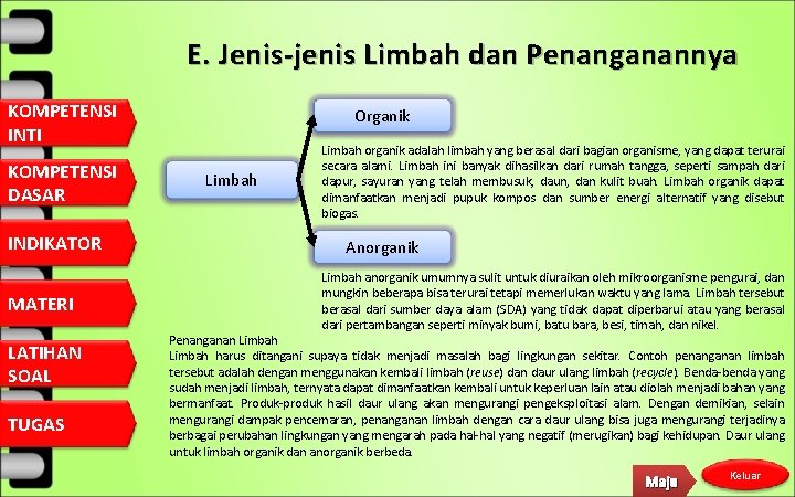 E. Jenis-jenis Limbah dan Penanganannya KOMPETENSI INTI KOMPETENSI DASAR INDIKATOR MATERI LATIHAN SOAL TUGAS