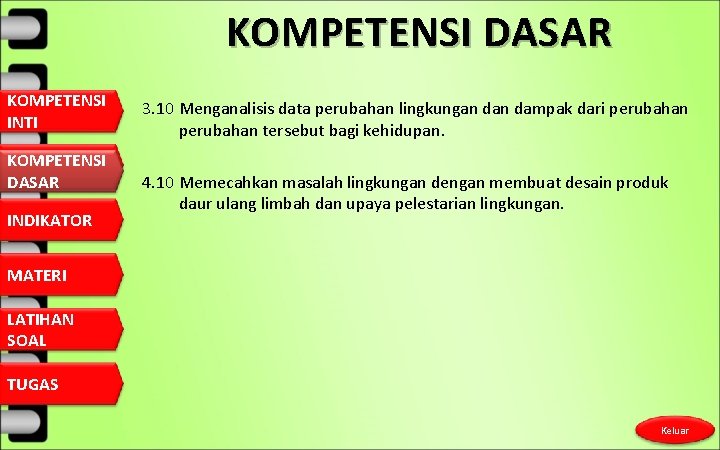 KOMPETENSI DASAR KOMPETENSI INTI KOMPETENSI DASAR INDIKATOR 3. 10 Menganalisis data perubahan lingkungan dampak