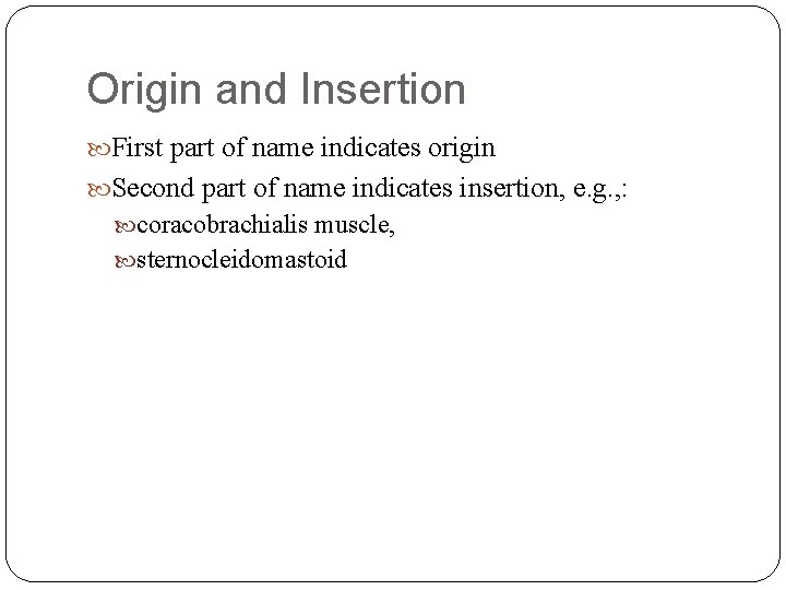 Origin and Insertion First part of name indicates origin Second part of name indicates