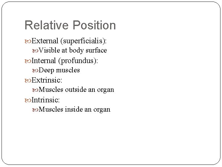 Relative Position External (superficialis): Visible at body surface Internal (profundus): Deep muscles Extrinsic: Muscles