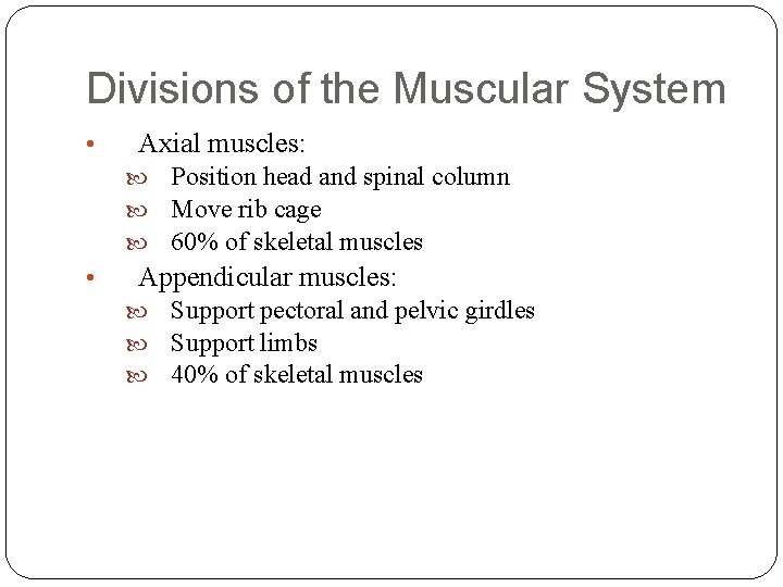Divisions of the Muscular System • Axial muscles: • Position head and spinal column
