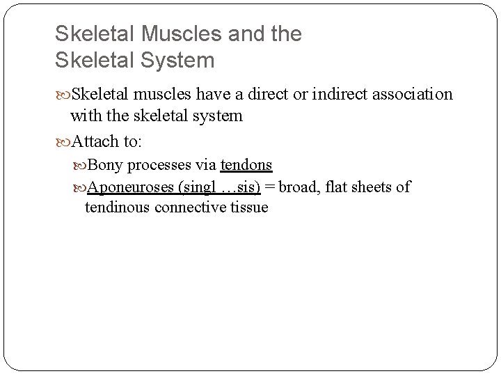 Skeletal Muscles and the Skeletal System Skeletal muscles have a direct or indirect association