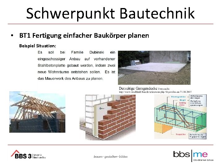 Schwerpunkt Bautechnik • BT 1 Fertigung einfacher Baukörper planen Beispiel Situation: 