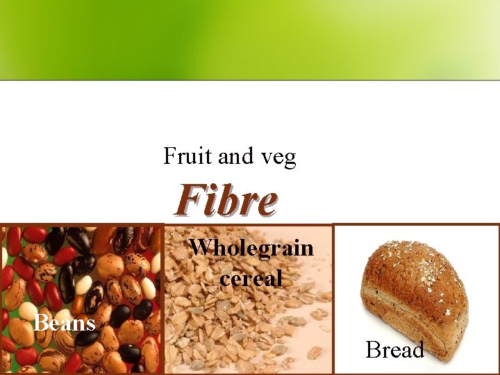 Fruit and veg Fibre Wholegrain cereal Beans Bread 