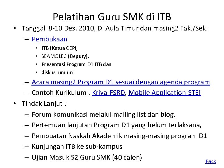 Pelatihan Guru SMK di ITB • Tanggal 8 -10 Des. 2010, Di Aula Timur