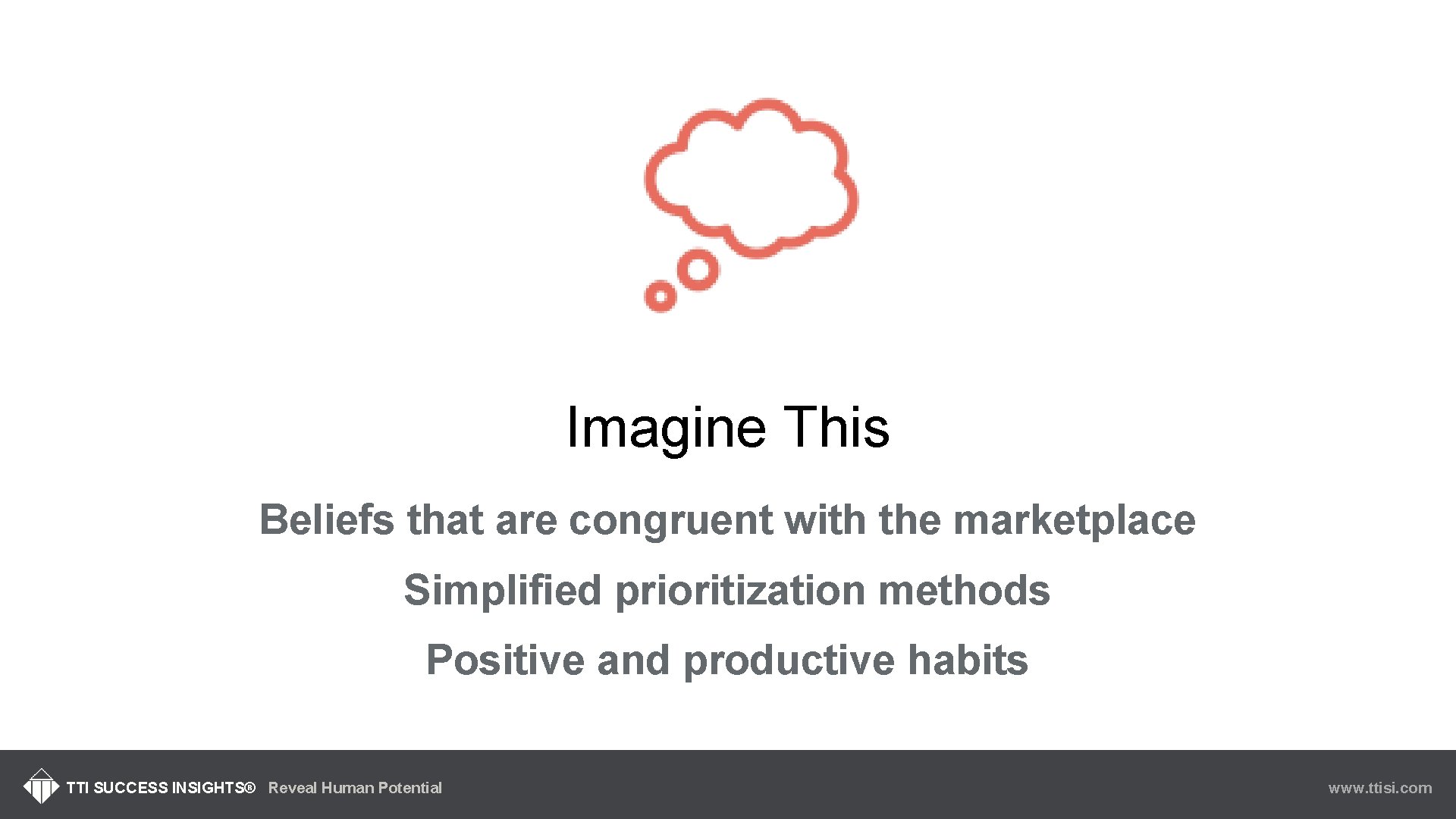 Imagine This Beliefs that are congruent with the marketplace Simplified prioritization methods Positive and