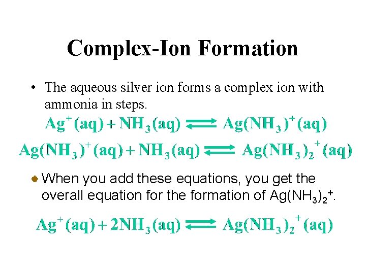 Complex-Ion Formation • The aqueous silver ion forms a complex ion with ammonia in
