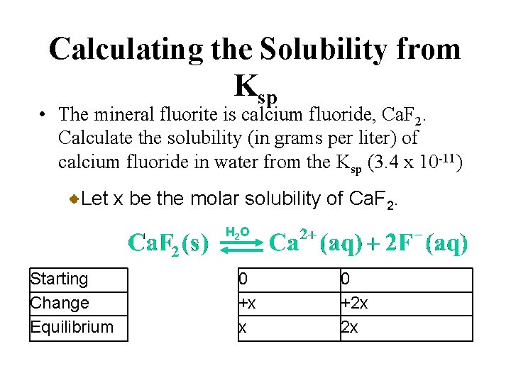 Calculating the Solubility from Ksp • The mineral fluorite is calcium fluoride, Ca. F