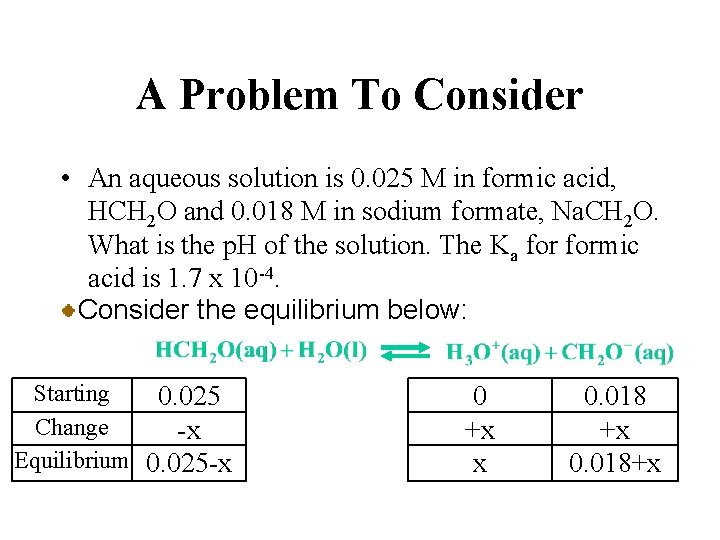 A Problem To Consider • An aqueous solution is 0. 025 M in formic