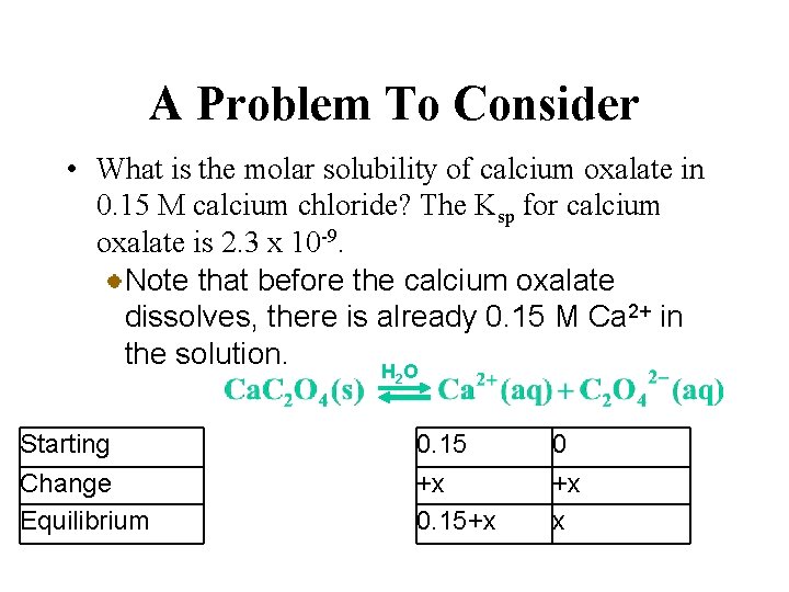 A Problem To Consider • What is the molar solubility of calcium oxalate in