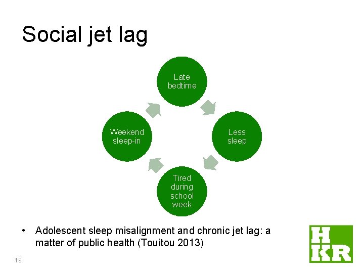 Social jet lag Late bedtime Weekend sleep-in Less sleep Tired during school week •