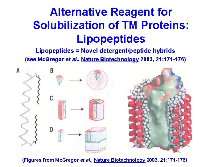 Alternative Reagent for Solubilization of TM Proteins: Lipopeptides = Novel detergent/peptide hybrids (see Mc.
