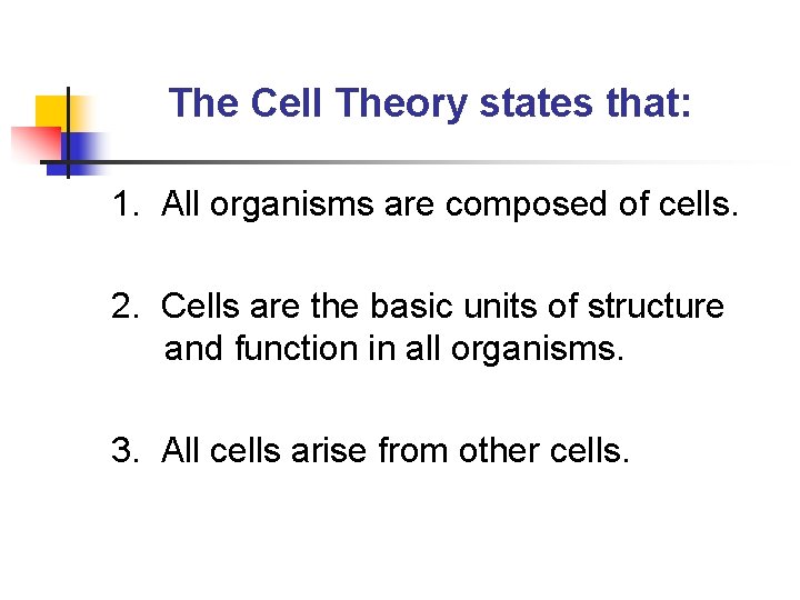 The Cell Theory states that: 1. All organisms are composed of cells. 2. Cells