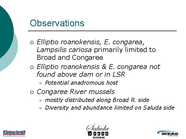 Observations ¡ ¡ Elliptio roanokensis, E. congarea, Lampsilis cariosa primarily limited to Broad and