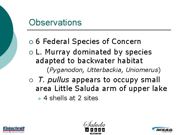 Observations 6 Federal Species of Concern ¡ L. Murray dominated by species adapted to