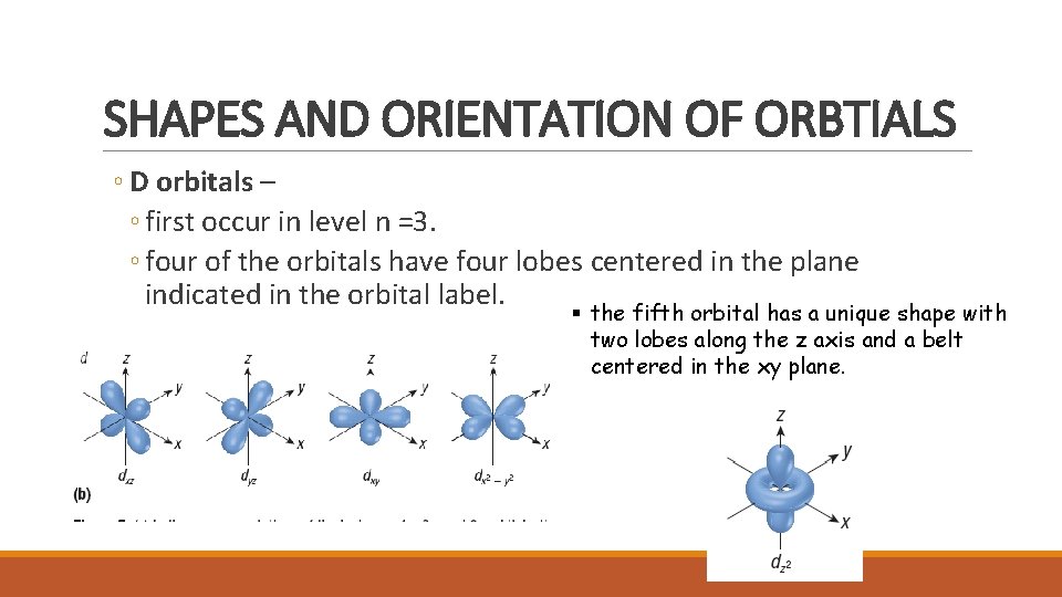 SHAPES AND ORIENTATION OF ORBTIALS ◦ D orbitals – ◦ first occur in level