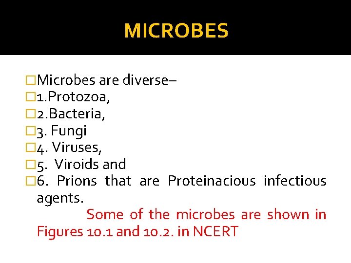 MICROBES �Microbes are diverse– � 1. Protozoa, � 2. Bacteria, � 3. Fungi �