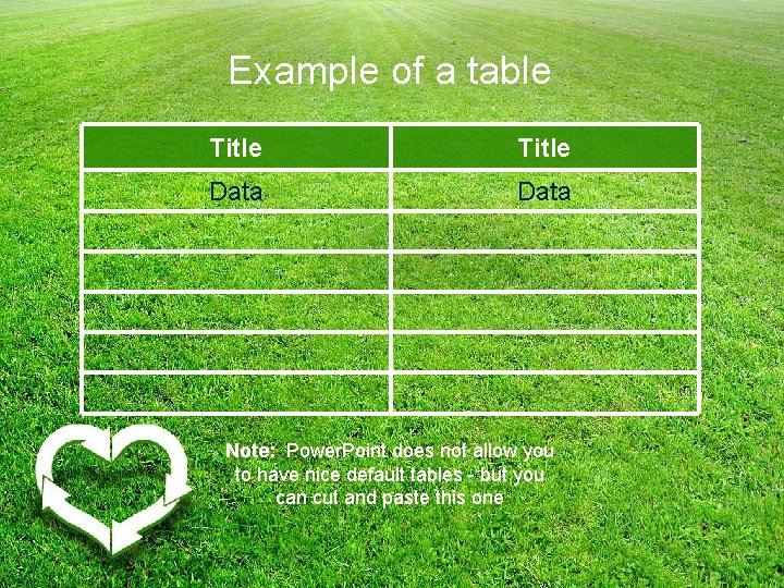 Example of a table Title Data Note: Power. Point does not allow you to