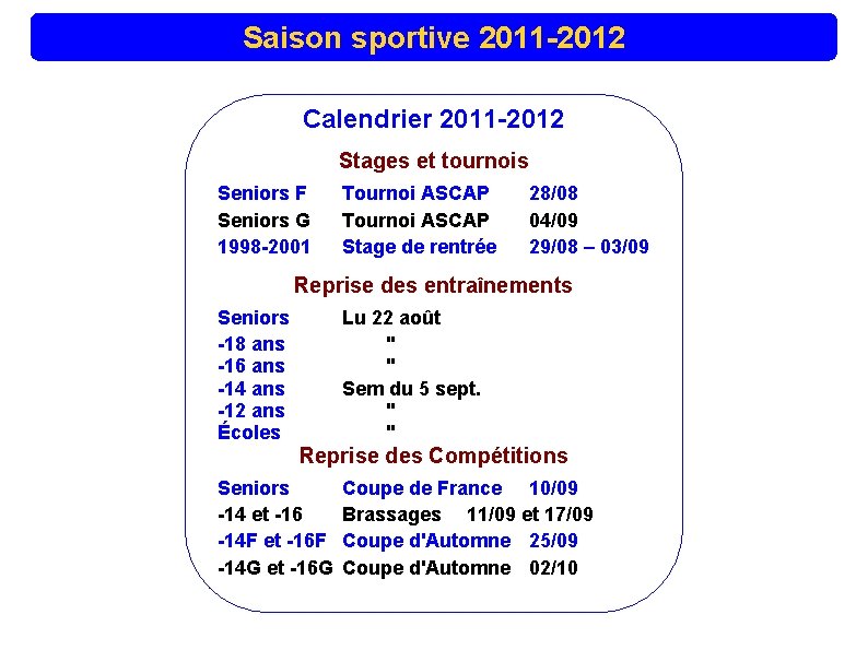 Saison sportive 2011 -2012 Calendrier 2011 -2012 Stages et tournois Seniors F Seniors G