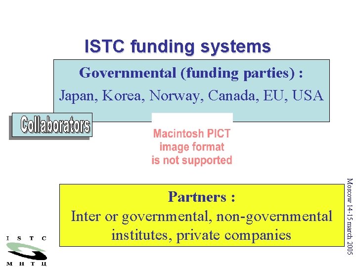 ISTC funding systems Governmental (funding parties) : Japan, Korea, Norway, Canada, EU, USA Moscow