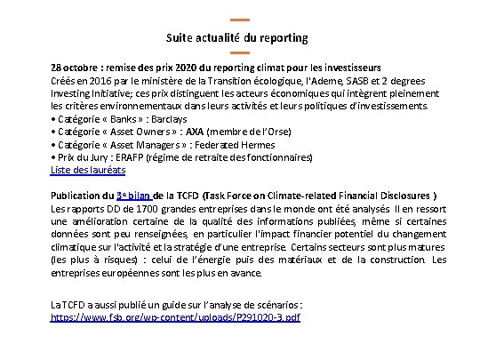 Suite actualité du reporting 28 octobre : remise des prix 2020 du reporting climat