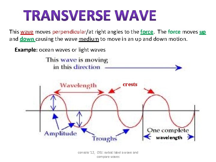 This wave moves perpendicular/at right angles to the force. The force moves up and