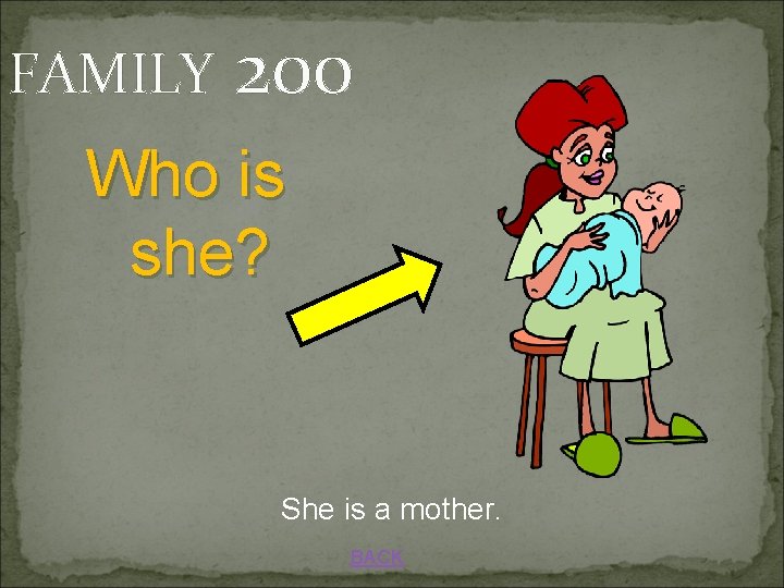 FAMILY 200 Who is she? She is a mother. BACK 