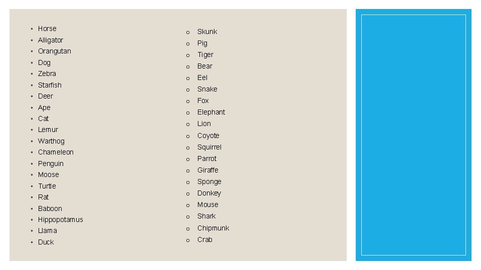 ◦ Horse o Skunk ◦ Alligator o Pig ◦ Orangutan ◦ Dog ◦ Zebra