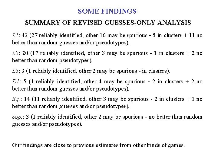 SOME FINDINGS SUMMARY OF REVISED GUESSES-ONLY ANALYSIS L 1: 43 (27 reliably identified, other