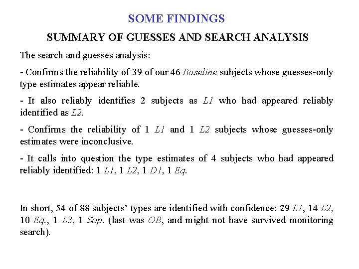 SOME FINDINGS SUMMARY OF GUESSES AND SEARCH ANALYSIS The search and guesses analysis: -