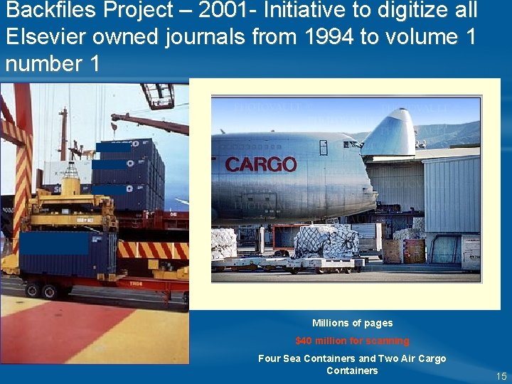 Backfiles Project – 2001 - Initiative to digitize all Elsevier owned journals from 1994 Backfiles Project – 2001 - Initiative to digitize all Elsevier owned journals from 1994