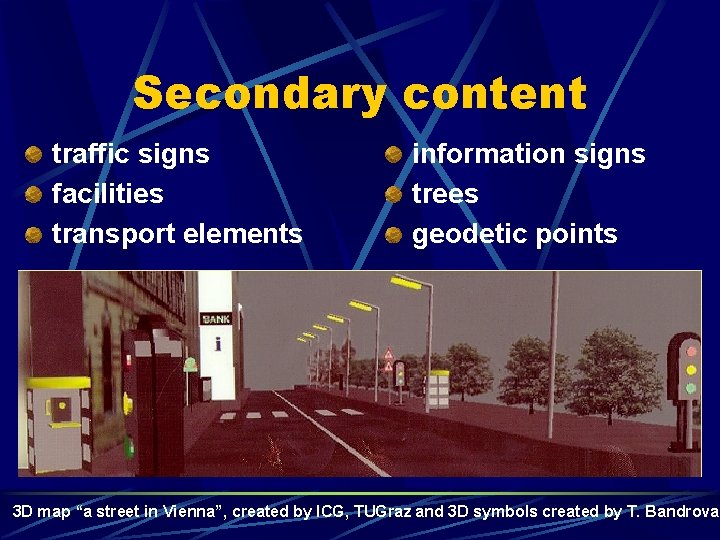 Secondary content traffic signs facilities transport elements information signs trees geodetic points 3 D