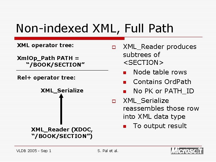 Non-indexed XML, Full Path XML operator tree: o Xml. Op_Path PATH = “/BOOK/SECTION” Rel+