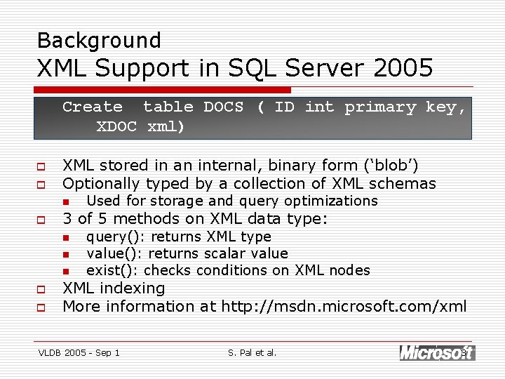 Background XML Support in SQL Server 2005 Create table DOCS ( ID int primary
